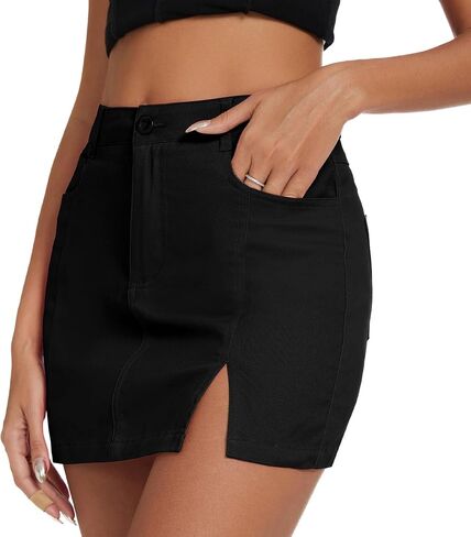 American Trends Women Mini Skirt with Slit High Waist Mini Denim Skirt Causal Bodycon Short Jean Skirts with Pockets in Saudi Arabia