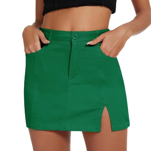 American Trends Women Mini Skirt with Slit High Waist Mini Denim Skirt Causal Bodycon Short Jean Skirts with Pockets in Saudi Arabia