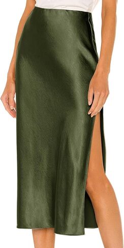 Ezcosplay Women Satin Midi Skirt High مرنة مرنة من الانزلاق تنورات حرير غير رسمية مع شق in Saudi Arabia