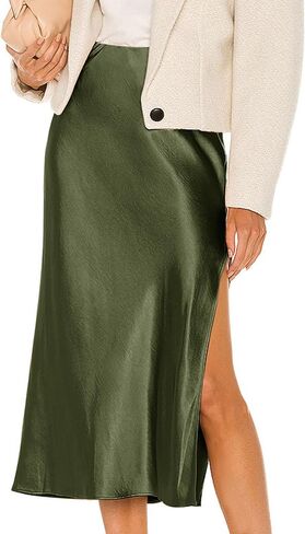 Ezcosplay Women Satin Midi Skirt High مرنة مرنة من الانزلاق تنورات حرير غير رسمية مع شق in Saudi Arabia