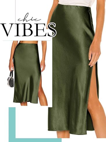 Ezcosplay Women Satin Midi Skirt High مرنة مرنة من الانزلاق تنورات حرير غير رسمية مع شق in Saudi Arabia