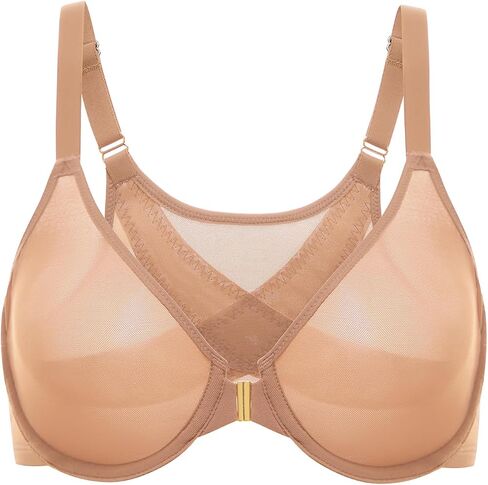 DELIMIRA Women's Cosnufy Posture Front Closure Bras Sheer Mesh Plus Size Underwire Unlined Bra in Saudi Arabia