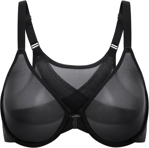 DELIMIRA Women's Cosnufy Posture Front Closure Bras Sheer Mesh Plus Size Underwire Unlined Bra in Saudi Arabia