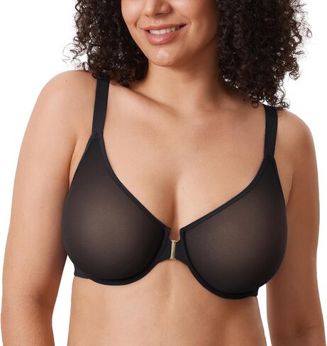 DELIMIRA Women's Cosnufy Posture Front Closure Bras Sheer Mesh Plus Size Underwire Unlined Bra in Saudi Arabia