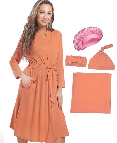 Maternity Robe with Matching Swaddle Set Soft Maternity Gown Long Sleeves Mommy Robe Receiving Blanket Set in Saudi Arabia