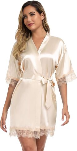 Women Wedding Party Robe Lace Trim Bridal Shower Bathrobe Bride and Bridesmaid Kimono Gown Silky Nightgown in Kuwait