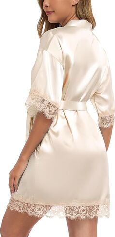 Women Wedding Party Robe Lace Trim Bridal Shower Bathrobe Bride and Bridesmaid Kimono Gown Silky Nightgown in Kuwait