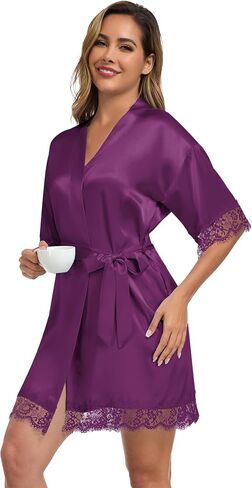 Women Wedding Party Robe Lace Trim Bridal Shower Bathrobe Bride and Bridesmaid Kimono Gown Silky Nightgown in Kuwait