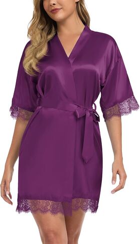 Women Wedding Party Robe Lace Trim Bridal Shower Bathrobe Bride and Bridesmaid Kimono Gown Silky Nightgown in Kuwait