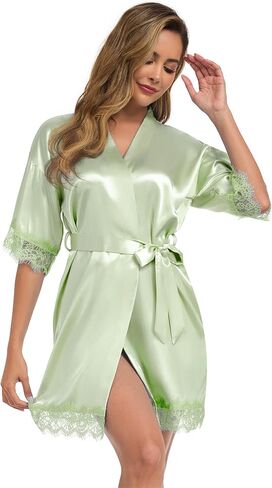 Women Wedding Party Robe Lace Trim Bridal Shower Bathrobe Bride and Bridesmaid Kimono Gown Silky Nightgown in Kuwait