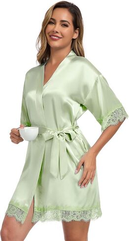 Women Wedding Party Robe Lace Trim Bridal Shower Bathrobe Bride and Bridesmaid Kimono Gown Silky Nightgown in Kuwait