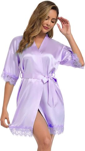 Women Wedding Party Robe Lace Trim Bridal Shower Bathrobe Bride and Bridesmaid Kimono Gown Silky Nightgown in Kuwait