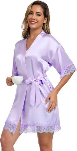 Women Wedding Party Robe Lace Trim Bridal Shower Bathrobe Bride and Bridesmaid Kimono Gown Silky Nightgown in Kuwait