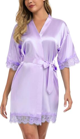 Women Wedding Party Robe Lace Trim Bridal Shower Bathrobe Bride and Bridesmaid Kimono Gown Silky Nightgown in Kuwait