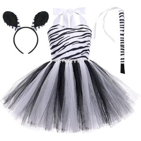 IWEMEK Girls Zebra Cosplay Costume 3pcs with Ears Headband Tail Animal Fancy Costume Kit Halloween Cosplay Birthday Party Outfits Baby Girl Jungle Themed Cosplay Dress Christmas Zebra 7-8 Years