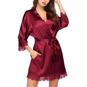 HOTOUCH Silk Robes for Women Short Lace Trim Satin Bride Robe 3/4 Sleeve Sexy Kimono Robe Sleepwear with Pockets