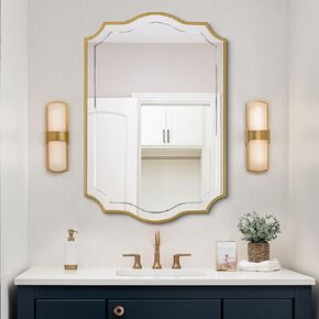 Pozino Gold Walved Mirror ، 24 "x36" مرآة أسقلوب حديثة مع إطار خشبي ، مرايا غير منتظمة ، مرايا زخرفية مستطيل للحمام غرفة نوم غرفة نوم