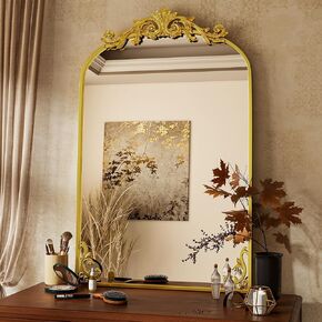 26x38 inch Vintage Arched Bathroom Mirror, Gorgeous Wall Vanity Mirror with Beautiful Retro Top and Bottom Engraving Process Frame for Entryway Hallway Living Room, Gold