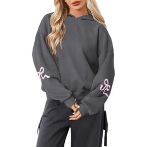 Livtany Women's Bow Trim Print Fleeced Hoodies Oversized Long Sleeve Hooded Sweatshirts Graphic Drop Shoulder Pullover Top
