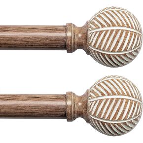 Wood Curtain Rods for Windows: 1 Inch Diameter Adjustable Drapery Rods 32"to 45", Decorative Window Curtain Rods with Imitation Wood Grain Leaf Pattern Finials,2 Pack Heavy Duty Curtain Rods