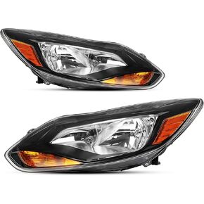 Headlights Assembly Compatible with 2015 2016 2017 2018 Ford Focus S | SE | ST Halogen Head Light Headlamp w/Bulb, Black Housing Amber Corner