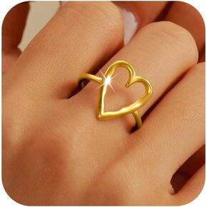Irregular Hammered Hollow Heart Stackable Ring for Women 925 Sterling Silver Minimalist Stylish LOVE Heart Rings to Daughter Mom 14K Gold Plated Adjustable Open Band Ring Wedding Graduation Jewelry