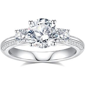 Moissanite Engagement Rings for Women,D Color VVS1 Moissanite 3-Stone Ring 18K White Gold Plated 925 Sterling Silver Wedding Ring