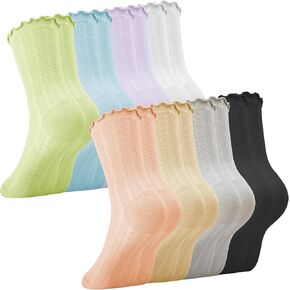 Jspupifip Womens Ruffle Socks Crew, 8 Pairs Turn-Cuff Crew Socks, Casual Cotton Frilly Breathable Cute Knit Lettuce Trim Dress Ribbed Crew Socks