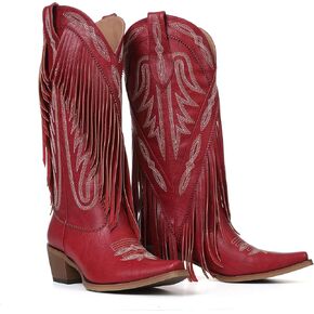 Mattiventon Cowboy Boots for Women Fringe Knee High Cowgirl Western Boots with Classic Embroidery Pointed Toe Chunky Heel for Weddings Parties