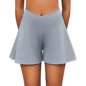 Womens Running Athletic Shorts for Women with Pockets, Gym Workout Shorts High Waisted Crossover Tennis Skorts