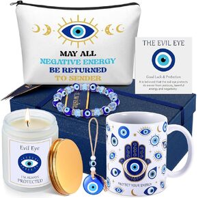 Skylety 8 Pcs Evil Eye Gift for Women Men Jewelry Evil Eye Protection Mug Aromatherapy Candle Pendant Makeup Bag Bracelet Luck Card with Raffia Grass Box for Gift