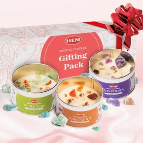 HEM Crystal Candle Gift Set – 3 Natural Soy Wax Candles (9.5 oz) | White Sage, Palo Santo & Rosemary Scents | 65-Hour Burn | Aromatherapy Candles for Cleansing, Meditation & Gifting.