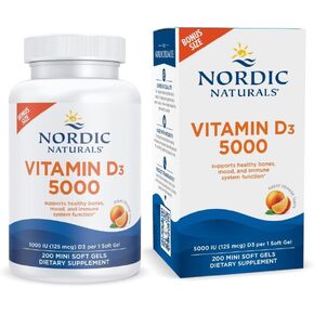 Nordic Naturals Vitamin D3 5000, Orange - 200 Mini Soft Gels - Support for Healthy Bones, Mood, & Immune System - Vegetarian - Non-GMO - 200 Servings