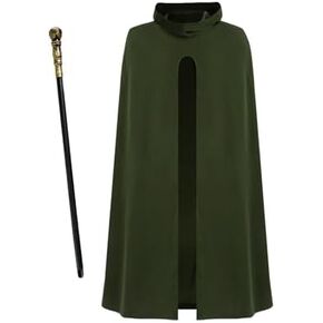 Renaissance Medieval Hooded Cape Cloak with Pimp Cane- Halloween Cosplay Costume, Medieval Party Outfit