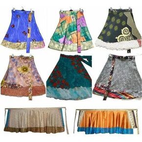 Wholesale 5 Pcs Pack Two Layers Women's Vintage Sari Magic Wrap Around Mini Skirts Short Skirts Reversible Multicolor