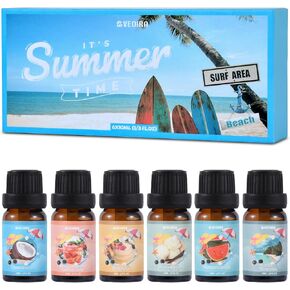 Summer Fragrance Oils Set, Beach Essential Oil Set for Diffuser, Candle, Soap Making Scented Oils, Pina Colada, Strawberry Lemonade, Watermelon, Vanilla Ice Cream, Coconut, Ocean Breeze