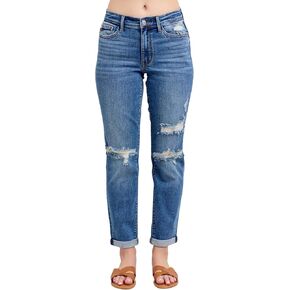 Judy Blue Women's Mid-Rise Vintage Wash Cuffed Destroyed Boyfriend Jeans