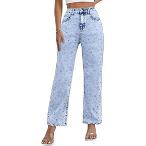 Kedera Women's Wide Leg Jeans Rhinestone Bling Jeans High Waisted Denim Pants