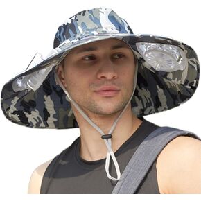 Mens Sun Hat with 2 Fan, Summer Cooling Wide Brim Bucket Hat, Beach Hat Garden Hat, Solar + USB Dual Power Supply in Kuwait