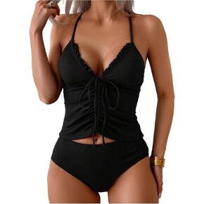 SOLY HUX Tankini Swimsuits for Women V Neck Ruched Drawstring Tie Front Summer Two Piece Bathing Suit