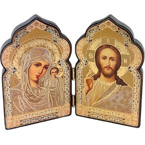 Needzo Christ the Teacher and Virgin Mary of Kazan Orthodox Catholic Christian Icon Diptych, Dome Shape 4 Inch