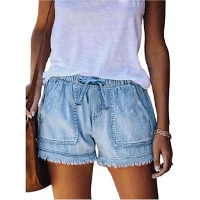 MakeMeChic Women's Drawstring Waist Raw Hem Denim Shorts Straight Leg Jean Shorts