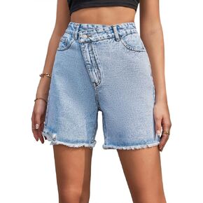 Nihsatin Women's High Waist Light Wash Denim Shorts Straight Leg Raw Hem Jean Shorts