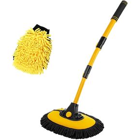 Car Wash Brush Kit, 40" Auto Wash Mop with 15° Curved Extendable Long Handle, Soft Scratch-Free Car Cleaning Mop Mitt to Clean Your Car Shine Like New, Car Accessories (Black+Yellow)