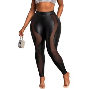 Wdirara Women's Plus Size Mesh Pu Leather Pants Skinny Pants Leggings Leggings