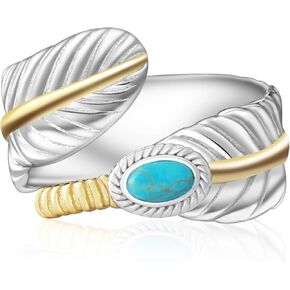 925 sterling Silver Feather Turquoise حلقة قابلة للتعديل - حلقة الإبهام الغربية الحديثة - Blue Turquoise Stone - الفرقة الفضية - هدية للنساء