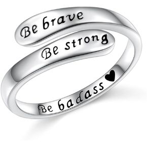 FLYOW Adjustable Inspirational Rings 925 Sterling Silver Spiral Wrap Twist Engraved Be brave Be strong Be Badass Ring Encouragement Jewelry for Women