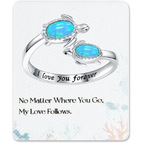 Gift for Mom Mother's Day Birthday - 925 Sterling Silver Opal Sea Turtle Adjustables Ring for Mama - Inspirational I Love You Forever Open Nature Ocean Rings Cute Animal Jewelry Gifts for Women EJALEN
