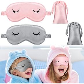 2 Pieces Cute Sleep Eye Masks for Kids Silk Sleep Eye Cover Cute Lightweight Adjustable Eyeshade Mask Satin Night Eyeshade Covers with 2 Pieces Storage Bag(3-12 Years,Gray, Pink)
