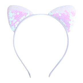 RFTWXHPN White Glitter Cat Ears Headband for Women Girls Sequin Cat Ear Headbands Halloween Cosplay Costume Hair Accessories for Women Cute Cat Ears Head Bands Cat Ear Hair Hoop Bands